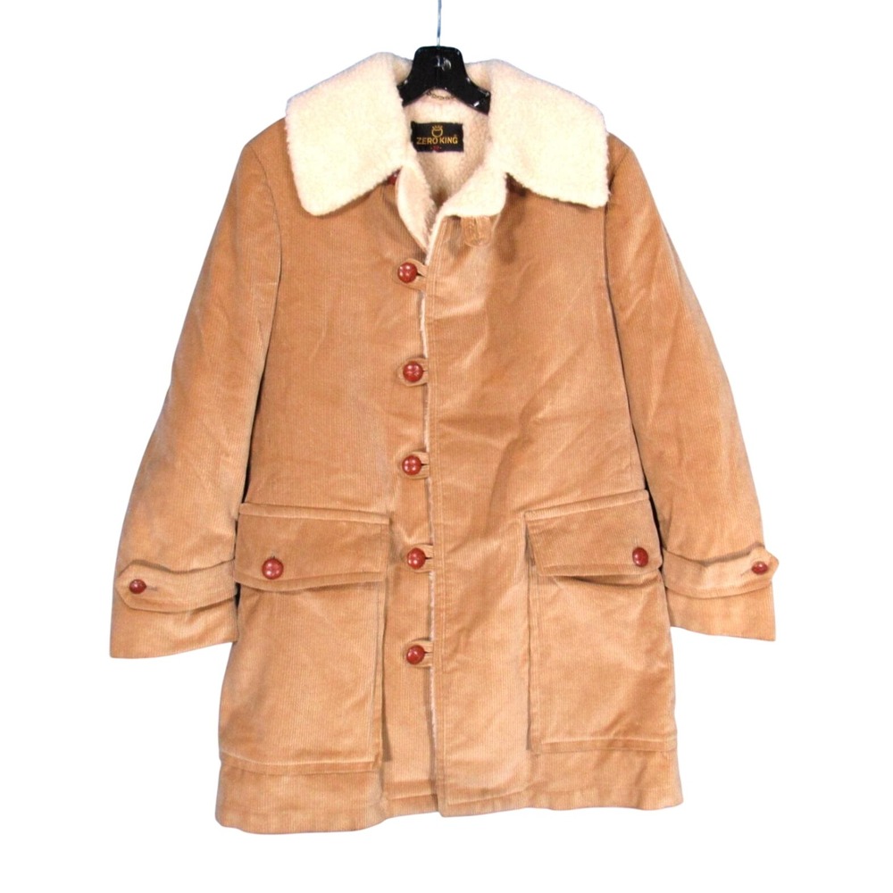 Vtg ZERO KING Tan CORDUROY Warm Sherpa Lining Button-Up/Pockets Parka Jacket 38
